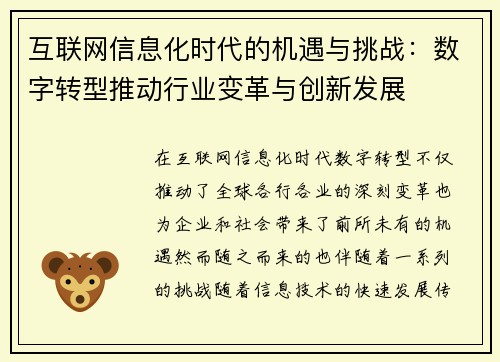 互联网信息化时代的机遇与挑战：数字转型推动行业变革与创新发展