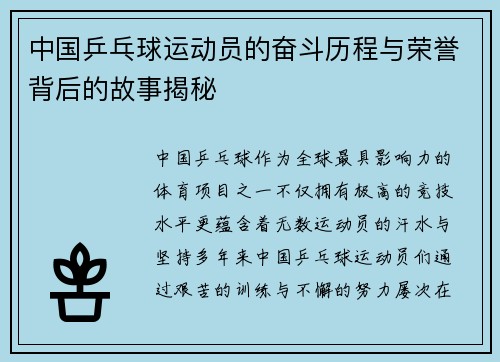 中国乒乓球运动员的奋斗历程与荣誉背后的故事揭秘