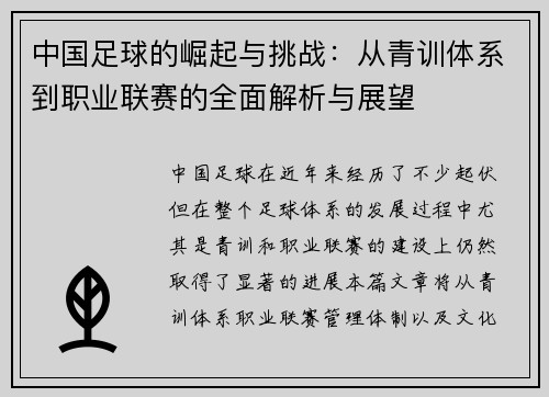 中国足球的崛起与挑战：从青训体系到职业联赛的全面解析与展望